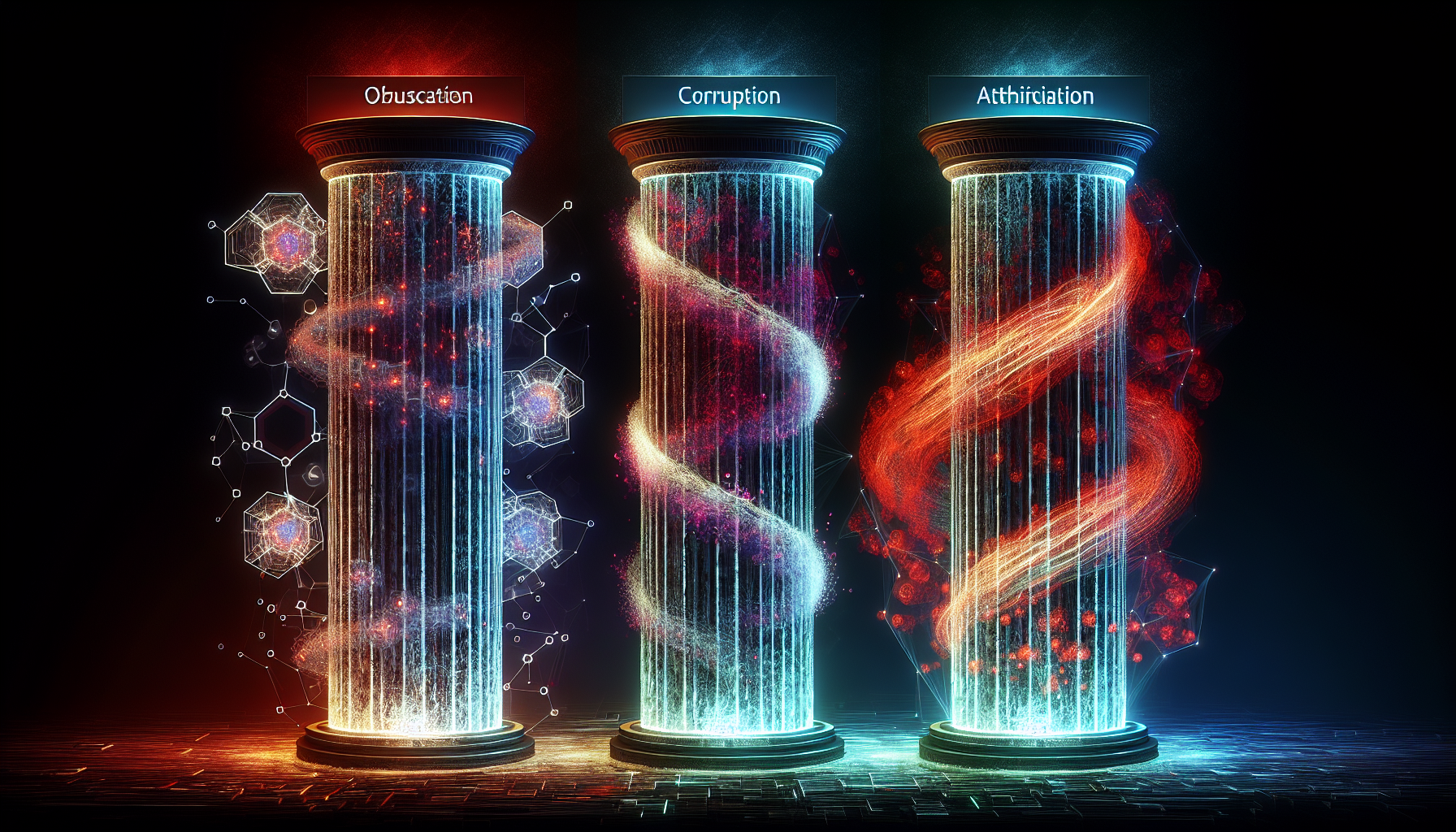 Diagram illustrating the three pillars of Data Integrity Warfare: Obfuscation, Corruption, and Attribution, with arrows showing their interconnectedness.